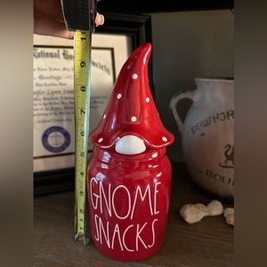 Rae Dunn red  with white LL GNOME SNACKS baby canister with gnome topper head